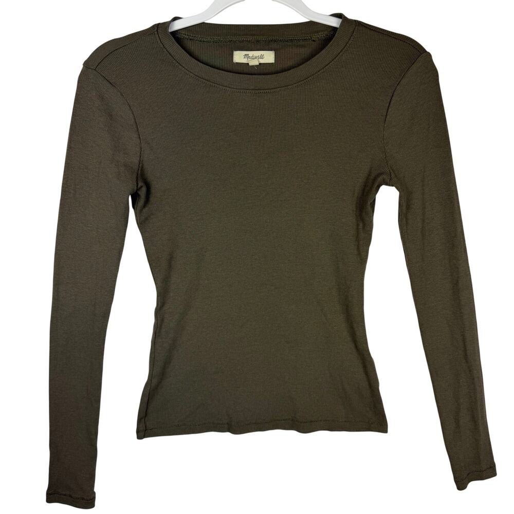 Madewell Brightside Ribbed Long Sleeve Crew Neck Top Women Size XS Olive Brown